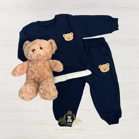 NWT Cute Boys Sweatsuit Sweater & Joggers Set Embroidered Teddy Bear Navy 3T - Picture 1 of 1